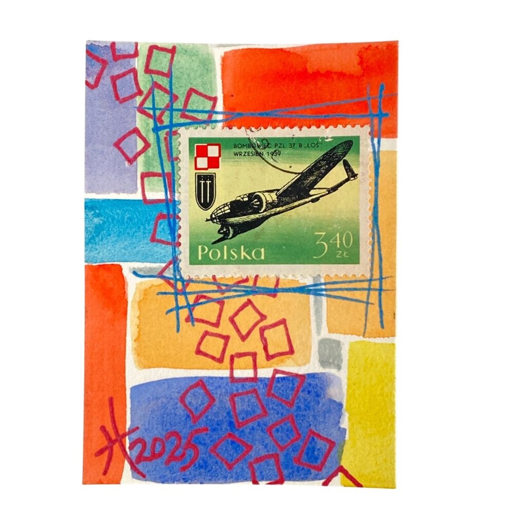 ACEO Original Art Watercolor 1971 Poland PLZ 37 Los Warplane Postage Stamp ATC